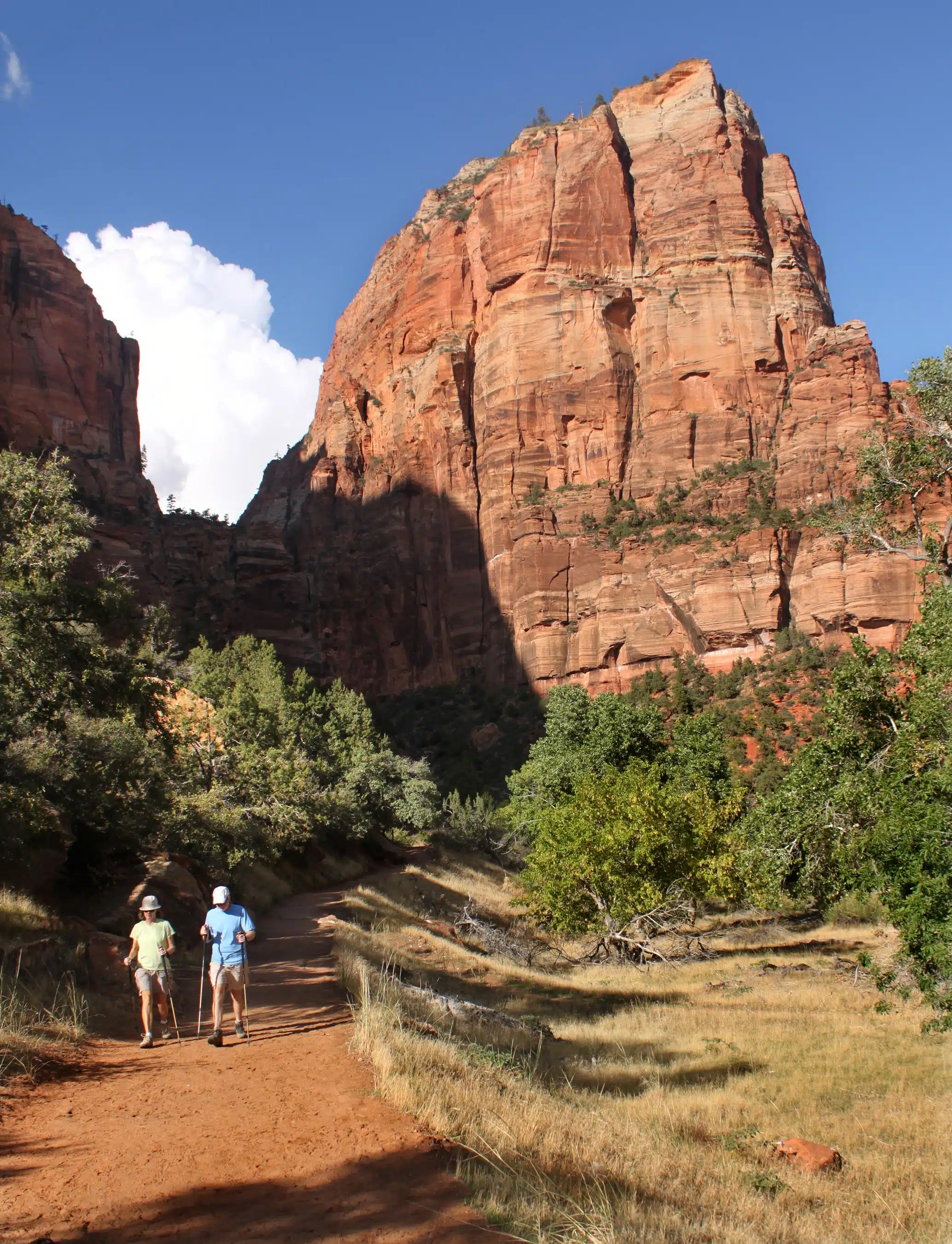 Two hikers walking on a trail with towering red rock formations and green vegetation in the background.