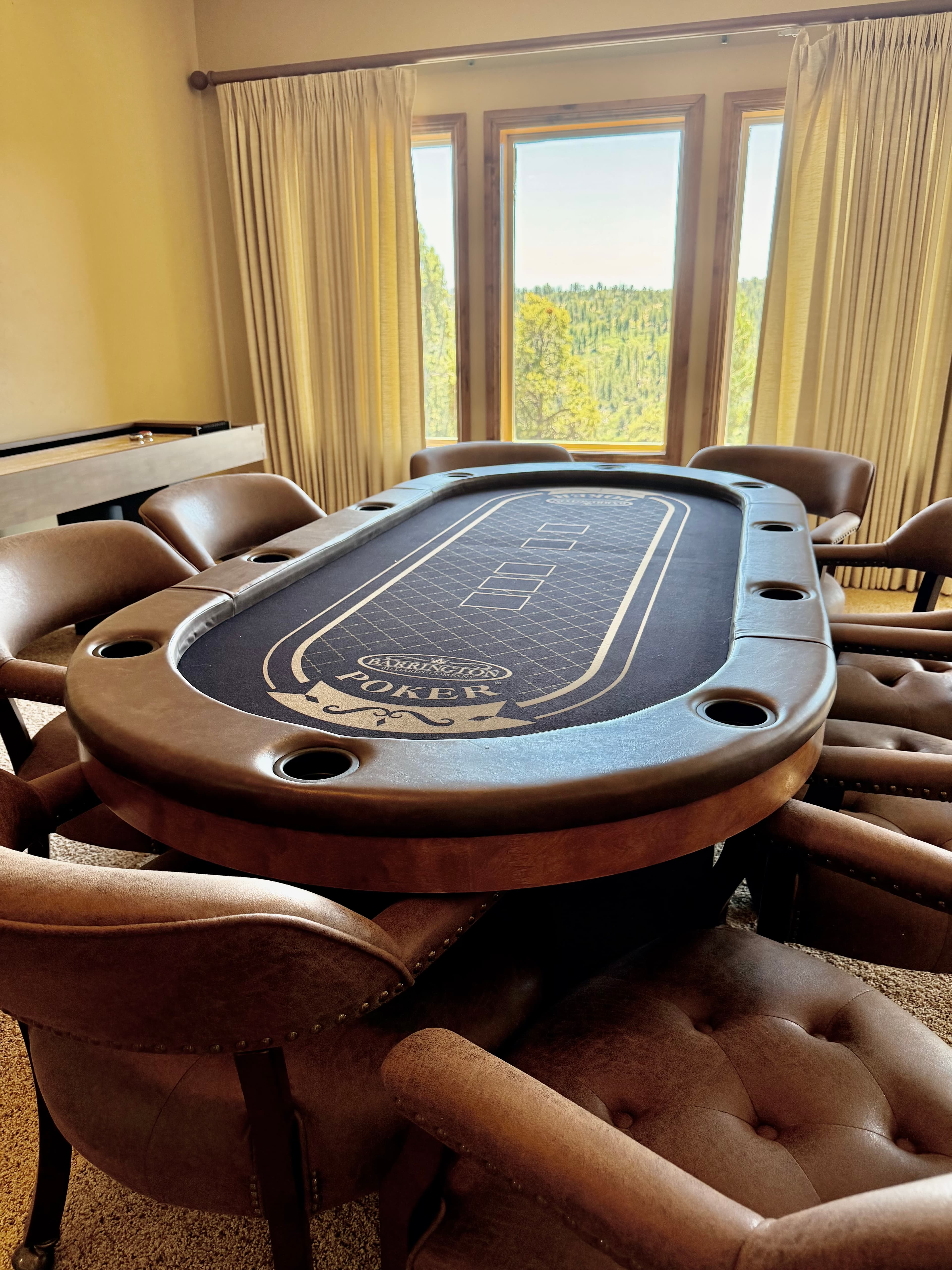A poker table surrounded by plush chairs, set against a backdrop of windows with a forest view.