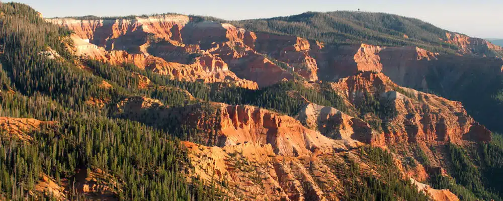 A panoramic view of rugged red rock formations and dense green forests.