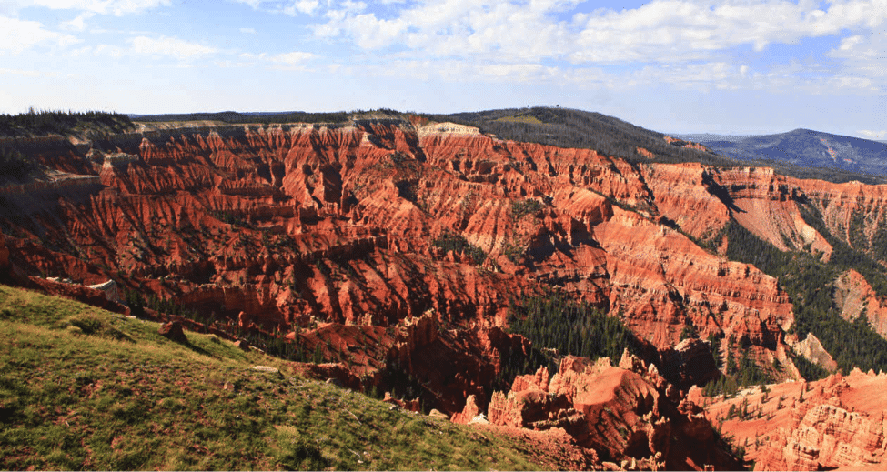 Vast red rock formations under a blue sky with scattered clouds.