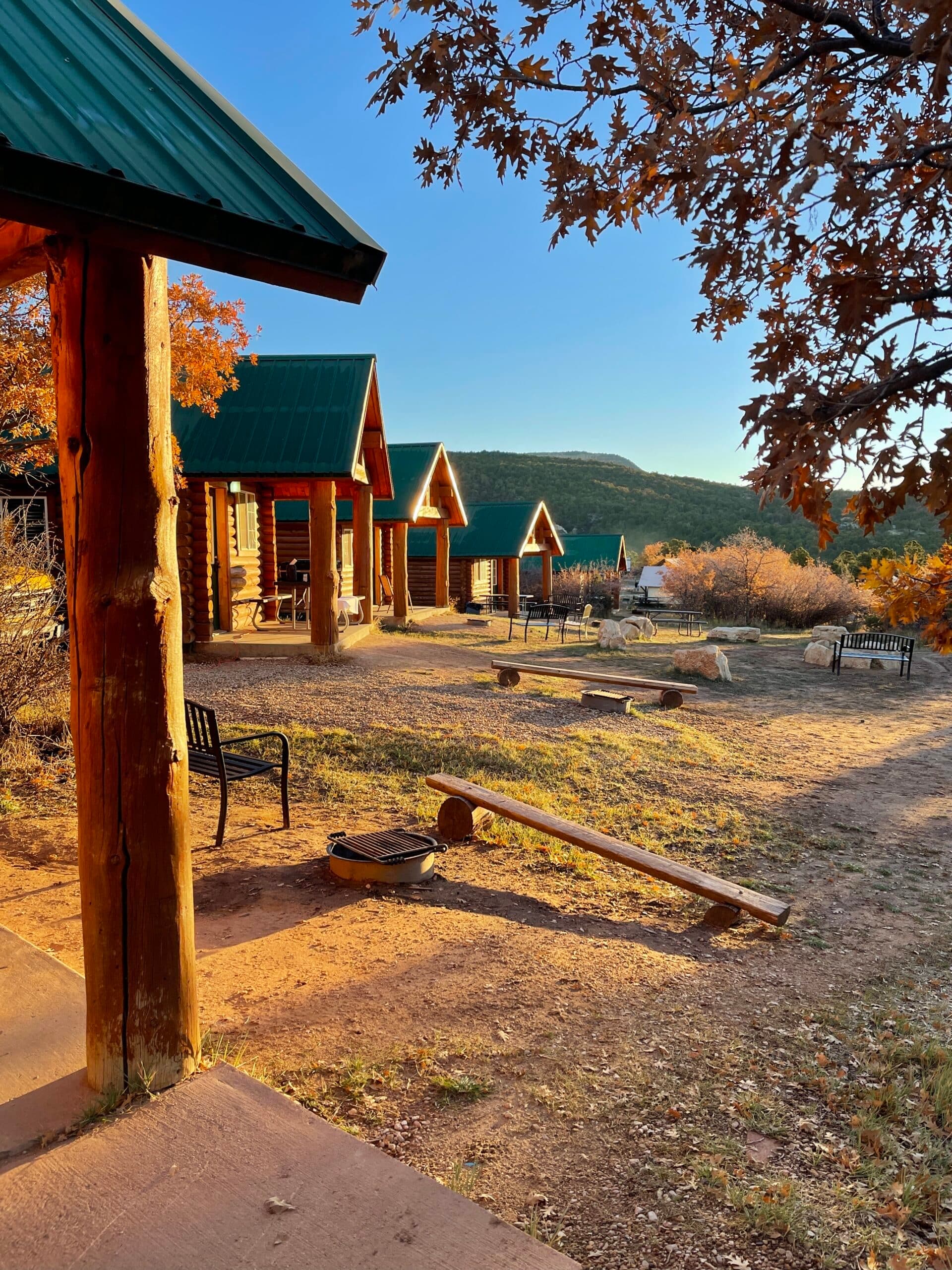 A view of rustic cabins with green roofs surrounded by autumn foliage and a distant hillside.