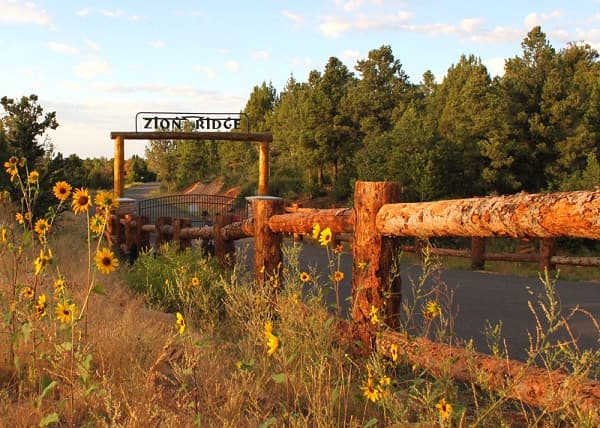 Wooden sign reading "Zion Ridge" beside a gravel road, surrounded by sunflowers and trees.