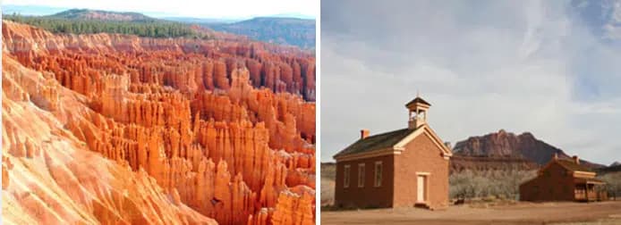 A vibrant red rock formation on the left and a historic brick building on the right against a clear sky.