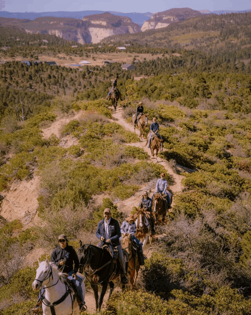 Six riders on horseback navigate a winding trail through lush greenery and hills.