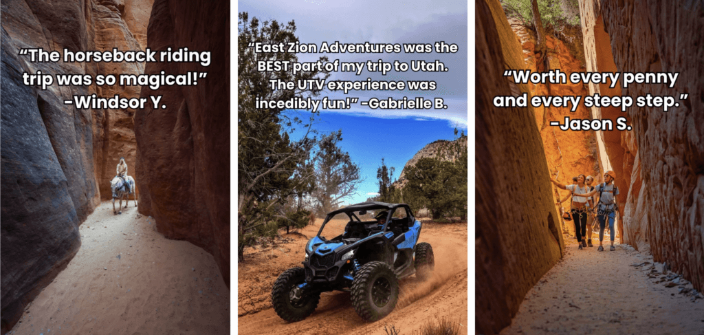 Three images featuring testimonials about outdoor adventures in Utah, including horseback riding, UTV experiences, and hiking.