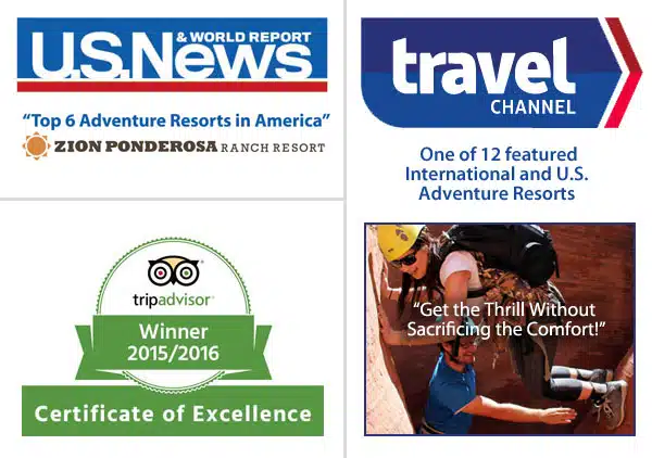 Logos and accolades highlighting Zion Ponderosa Ranch Resort as a top adventure destination, including mentions from U.S. News, the Travel Channel, and TripAdvisor.