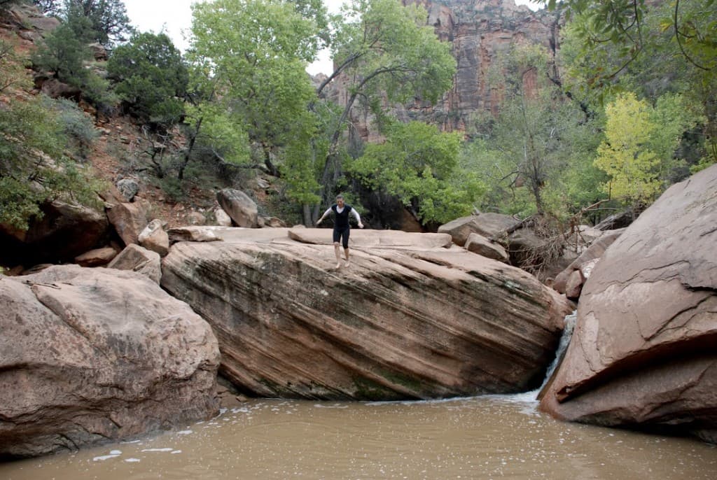 A person stands on a large rock above a muddy stream surrounded by trees and canyon walls.