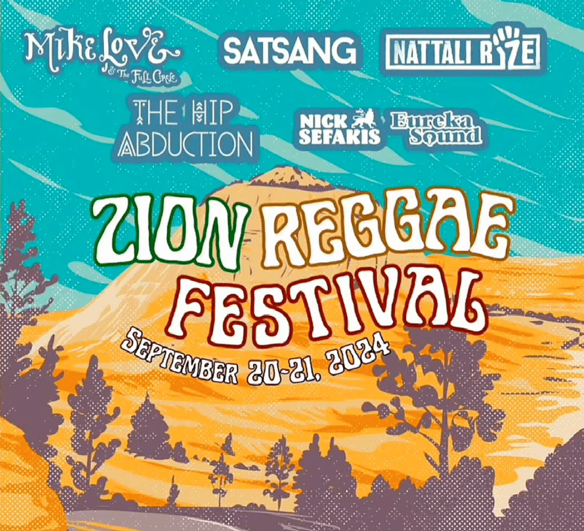 Promotional poster for the Zion Reggae Festival featuring various artists, scheduled for September 20-21, 2024.