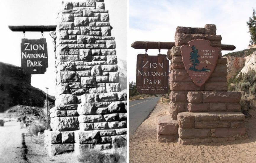 A side-by-side comparison of the Zion National Park entrance sign in black and white and color.