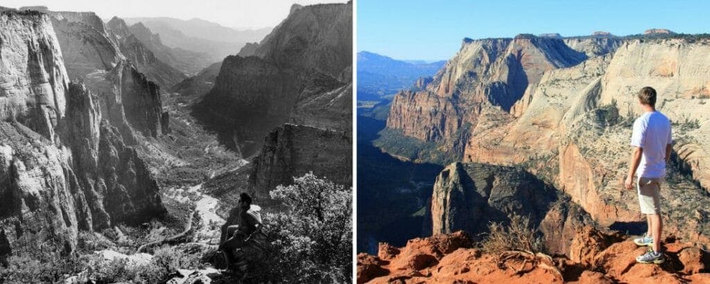 A side-by-side comparison of a historic black-and-white photograph of a canyon and a modern color photo of a person standing on a rocky ledge overlooking the same landscape.