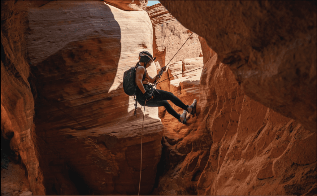 A person rappelling down a steep canyon wall.