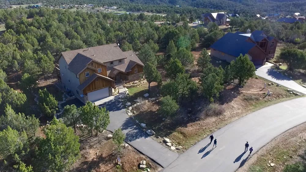 Aerial view of a residential area featuring two houses surrounded by greenery and a winding road.