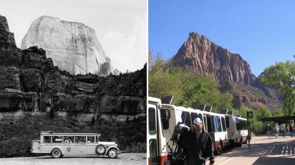 A historical black-and-white photo of a vintage bus in Zion National Park is juxtaposed with a modern image of shuttle buses and scenic rock formations.