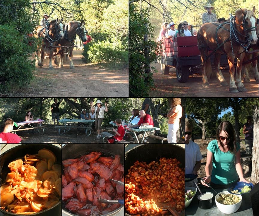 A collage depicting a horse-drawn wagon ride, a gathering at picnic tables, and various cooked dishes being prepared and served.