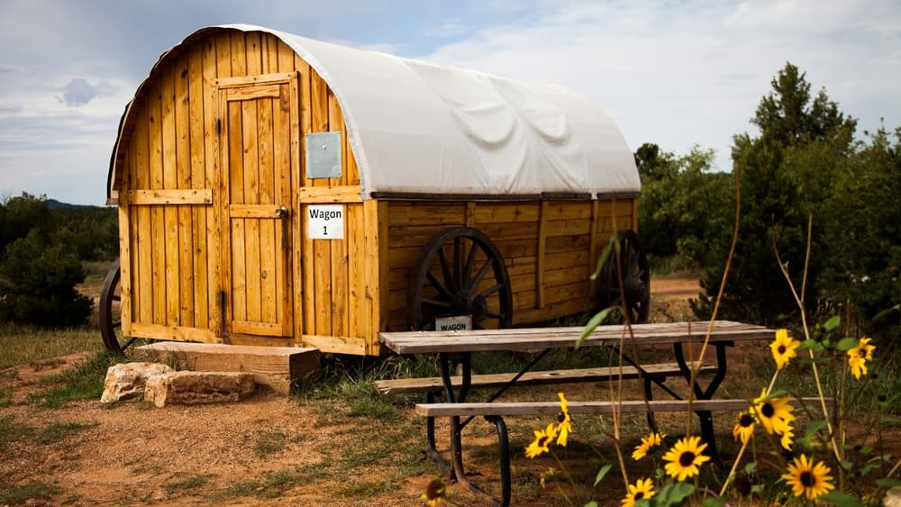 A wooden wagon-shaped cabin labeled "Wagon 1" is surrounded by sunflowers and a picnic table under a clear sky.