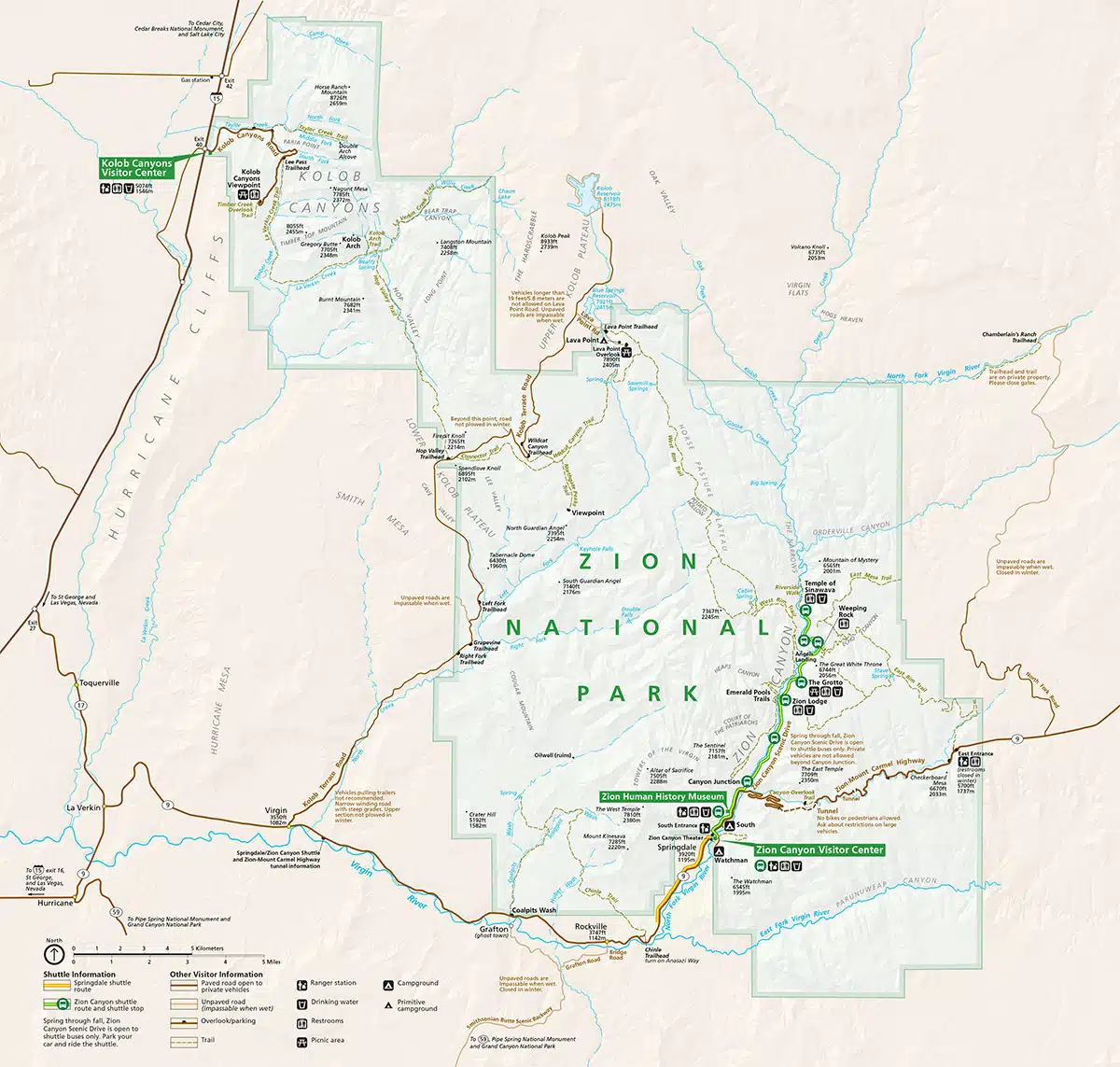 Map of Zion National Park highlighting trails, visitor centers, and key features.