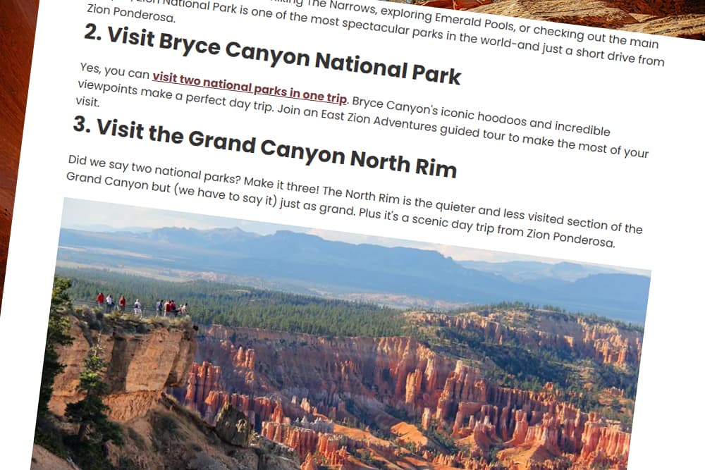 A document featuring travel recommendations for visiting Bryce Canyon and the Grand Canyon North Rim.