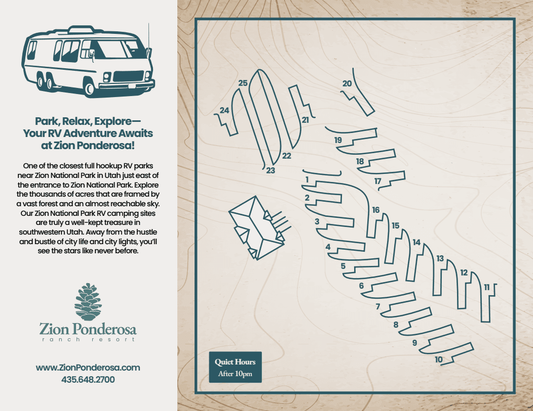 Map of an RV park layout at Zion Ponderosa Ranch Resort near Zion National Park, highlighting camping sites and amenities.