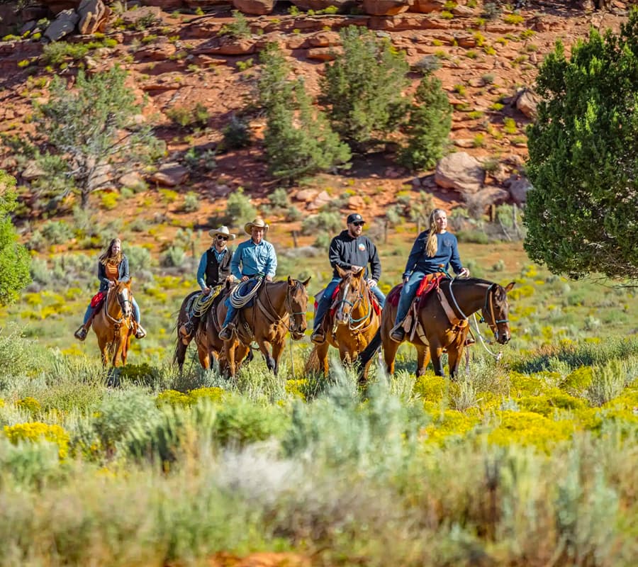 Four people on horseback ride through a lush, green landscape with rocky hills in the background.
