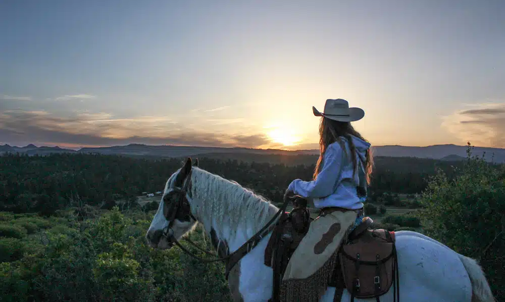 A person wearing a cowboy hat sits on a horse, facing a beautiful sunset over the horizon.