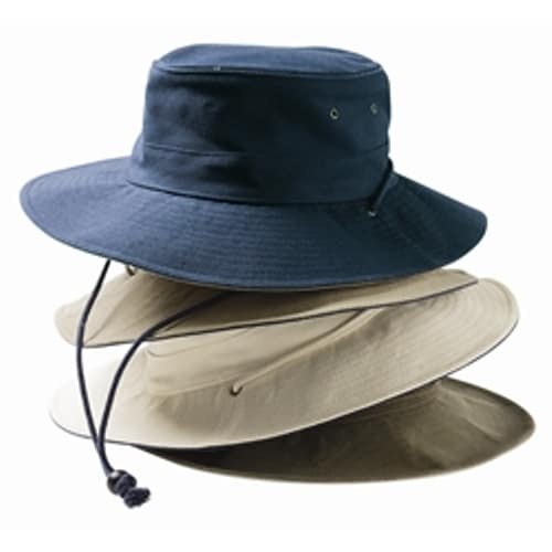 A stack of three wide-brimmed hats in navy blue and two shades of beige.