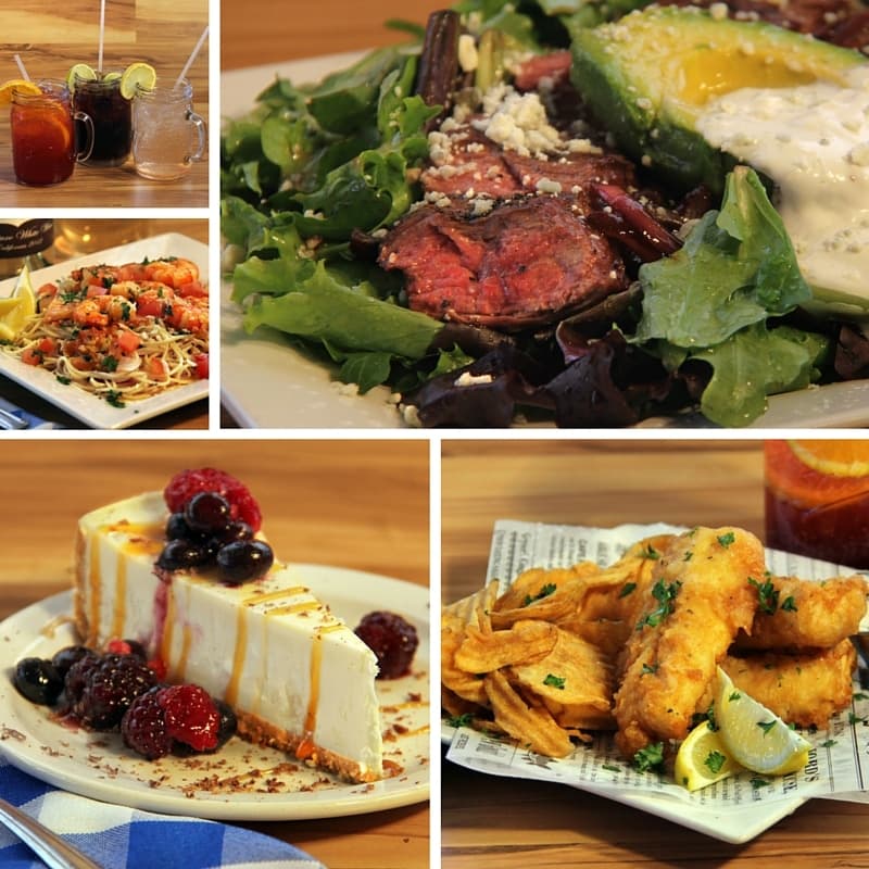 A collage of dishes featuring a salad, shrimp platter, cheesecake with berries, fried fish with chips, and drinks.