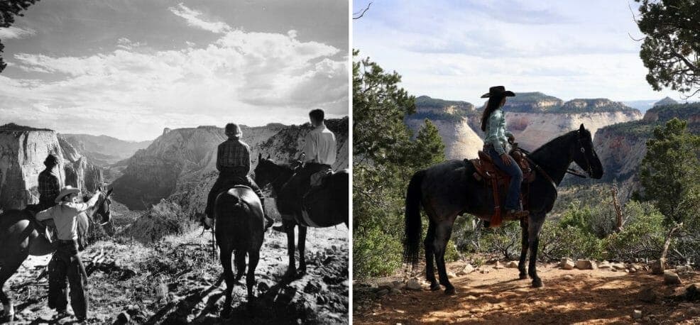 A split image showing a historical black-and-white scene of horseback riders overlooking a canyon on the left and a modern color photo of a rider on a horse amidst a scenic landscape on the right.