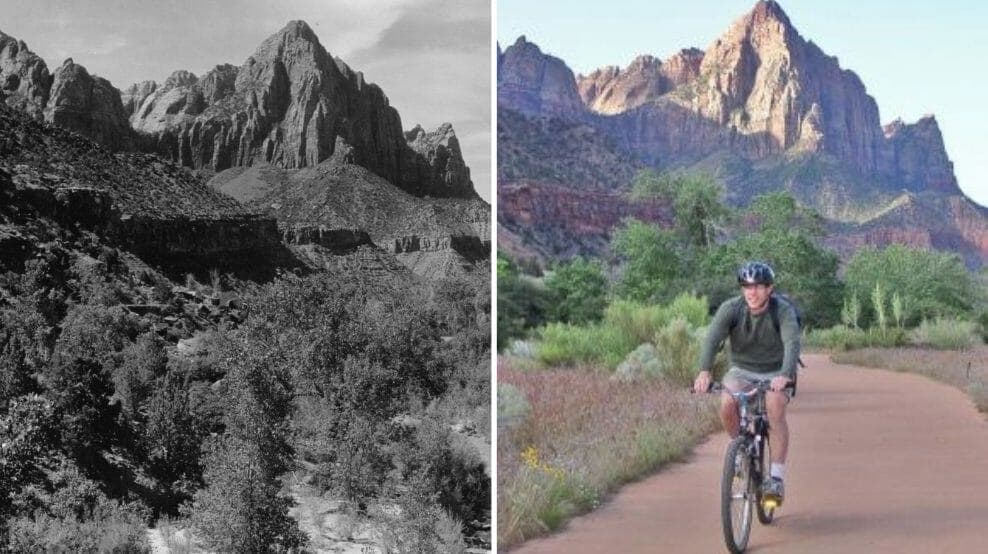 A side-by-side comparison of a black and white image of rugged mountains and a colorful scene of a cyclist riding through a vibrant landscape with similar mountainous features.