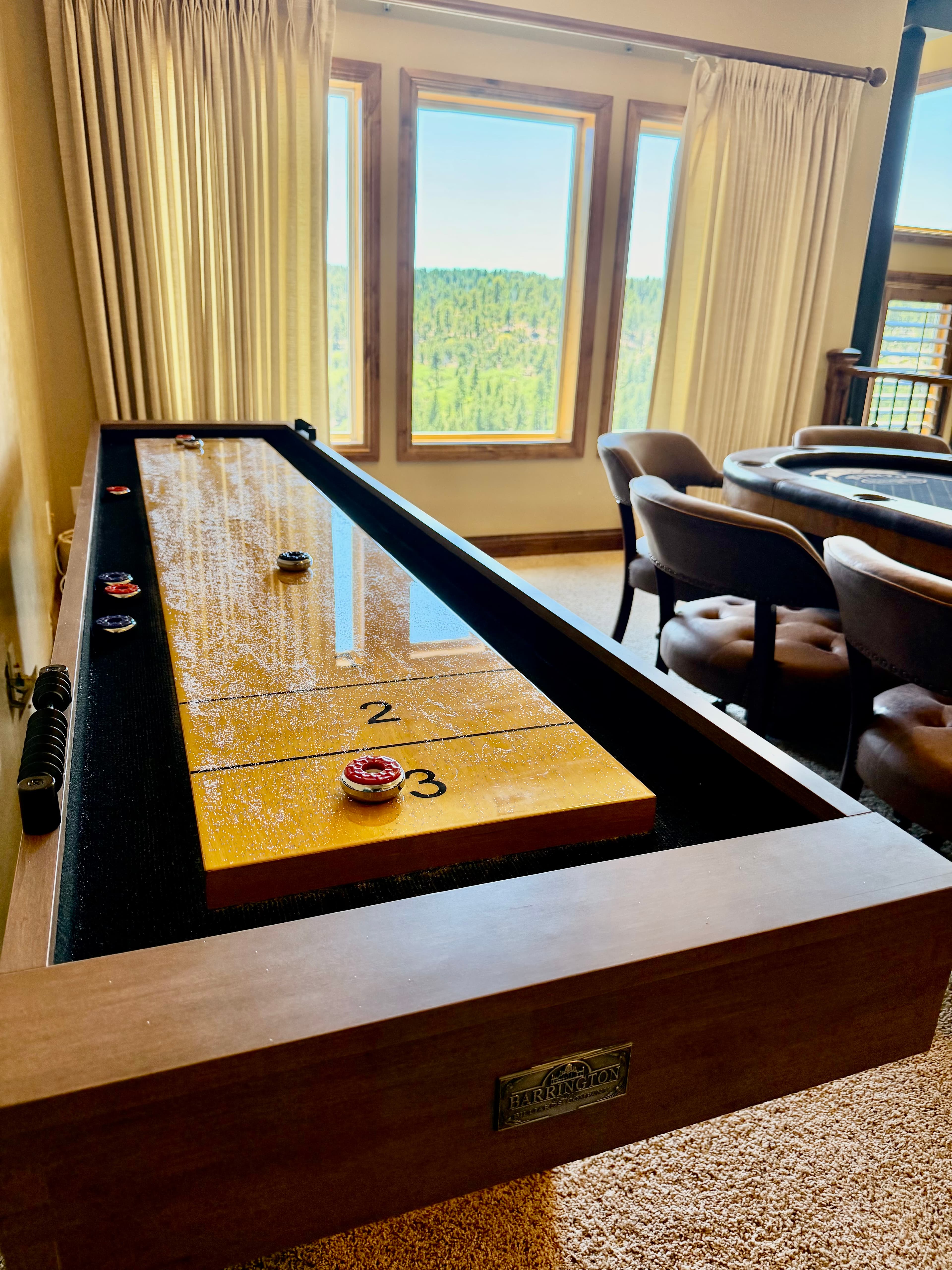 A shuffleboard table with game pieces positioned on a sunny room overlooking a forested landscape.