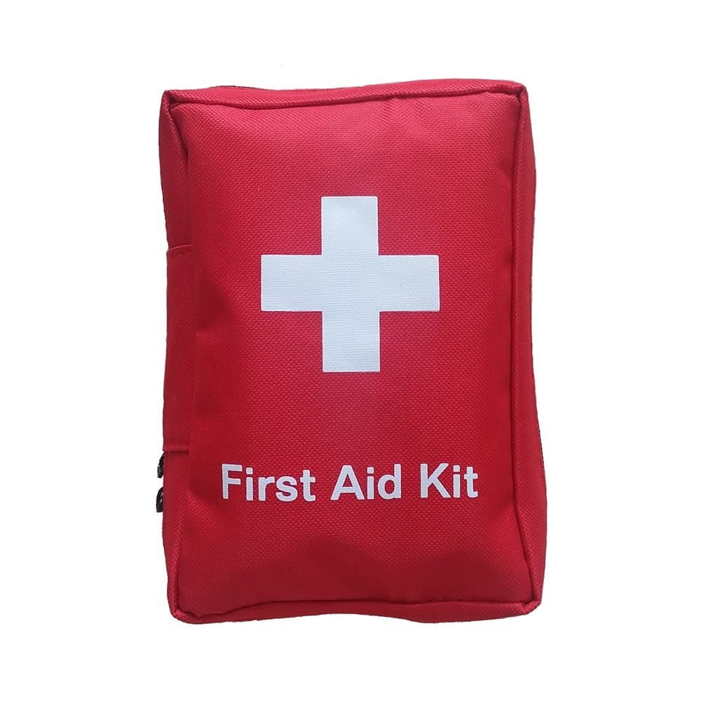 Red first aid kit with a white cross and the label "First Aid Kit."