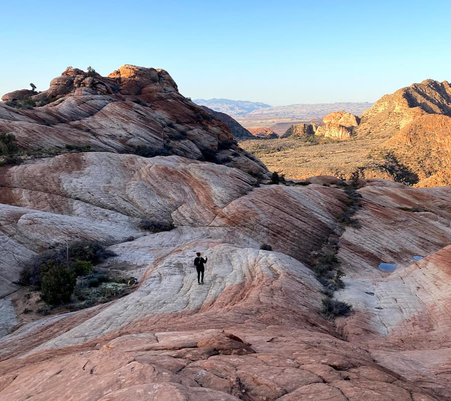 A person stands on colorful, textured rock formations with a vast desert landscape in the background.