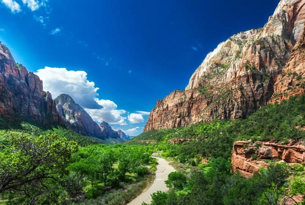 A lush green valley surrounded by towering red rock cliffs under a clear blue sky.