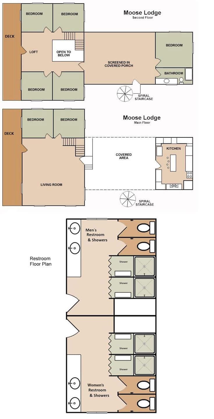 A floor plan of Moose Lodge showing the layout of the main and second floors, along with restrooms.