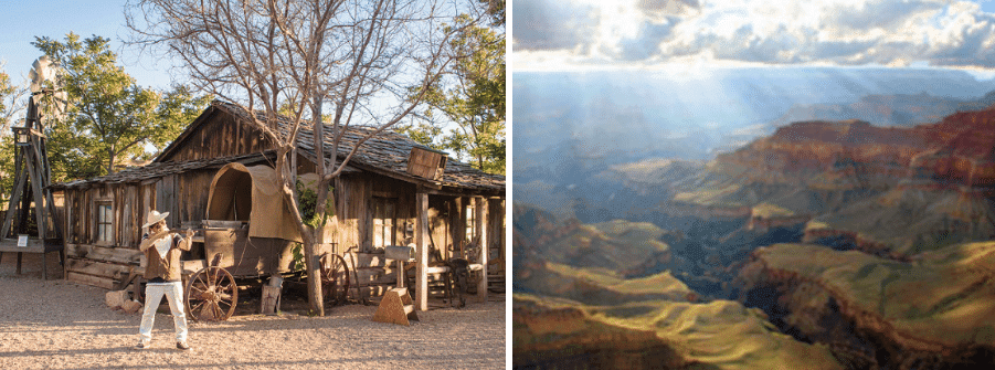 A rustic western-style building and a panoramic view of a canyon landscape.