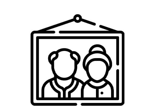 Line drawing of a framed portrait of an elderly couple.