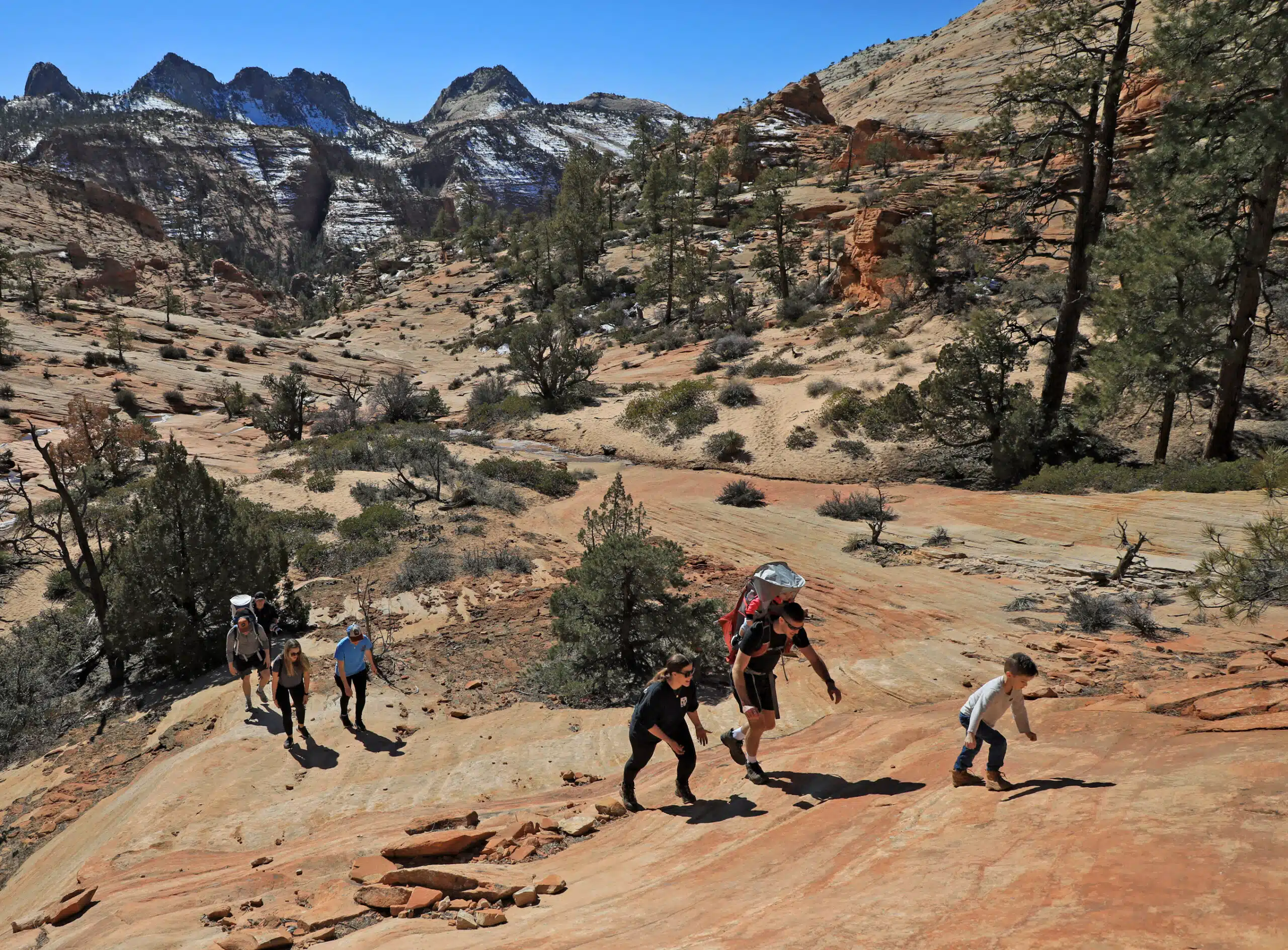 A group of hikers ascends a rocky trail in a desert landscape with distant mountains.