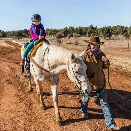 A child in a helmet rides a white horse while an adult leads them along a dirt path.