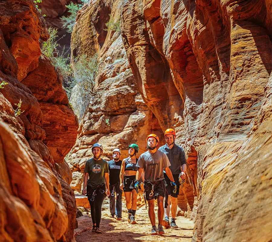 A group of six climbers wearing helmets and harnesses walks through a narrow, sunlit canyon.
