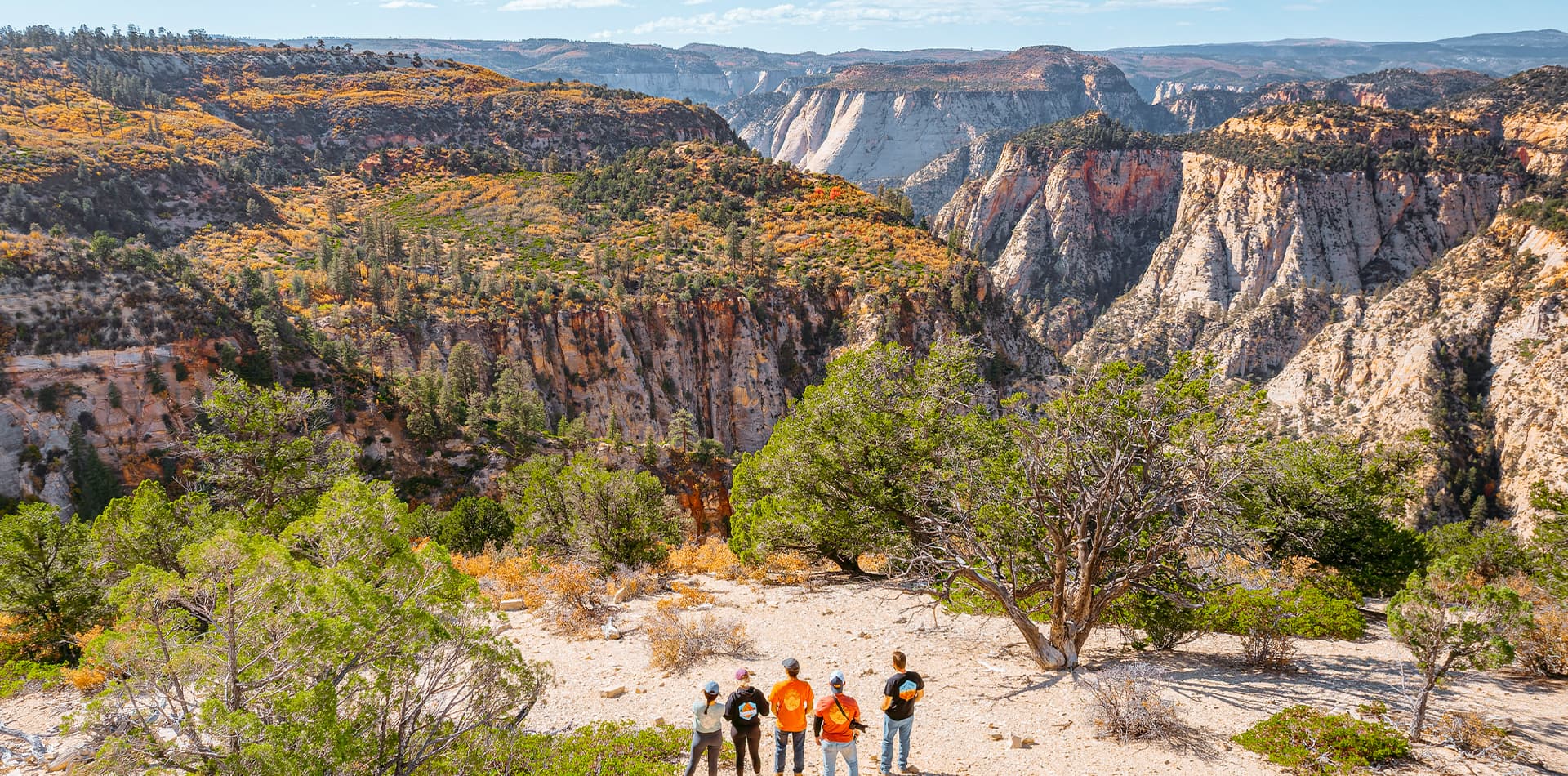 Four people stand on a rocky outcrop overlooking a vast canyon landscape with autumn foliage.