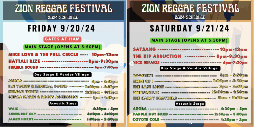 A schedule for the 2024 Zion Reggae Festival, detailing performances and times for Friday, September 20th, and Saturday, September 21st.