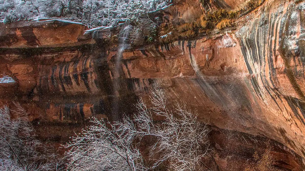 A frozen waterfall cascading down a rocky cliff, surrounded by snow-dusted trees.