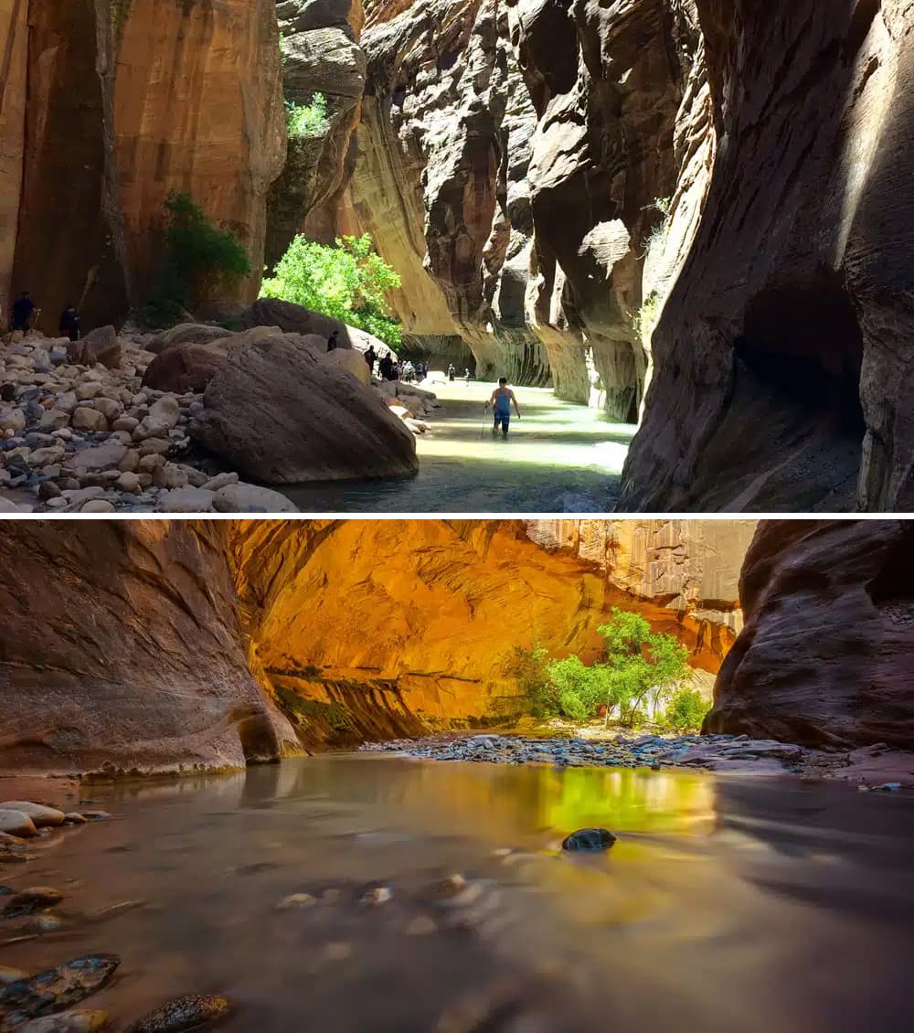 Two contrasting views of a narrow canyon with water, showcasing rock formations and greenery.