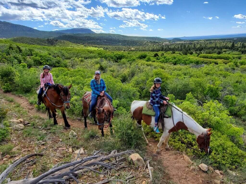 Three people on horseback ride along a lush, green trail with mountains in the background under a blue sky.