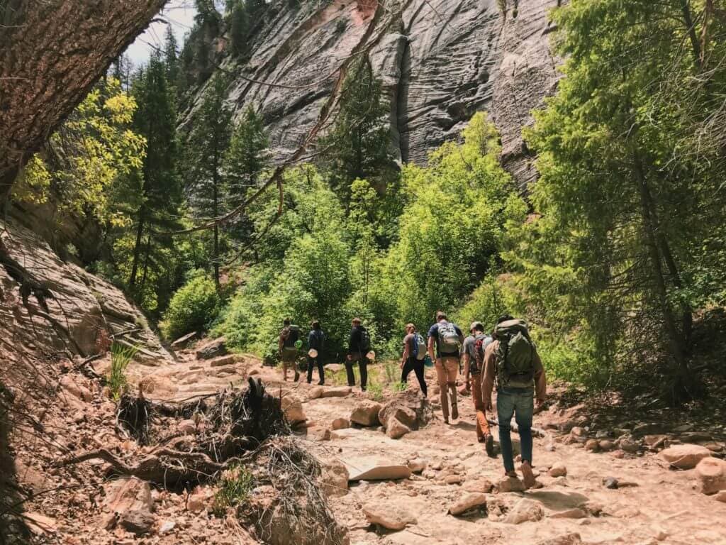 A group of hikers navigates a rocky trail surrounded by lush greenery and towering cliffs.