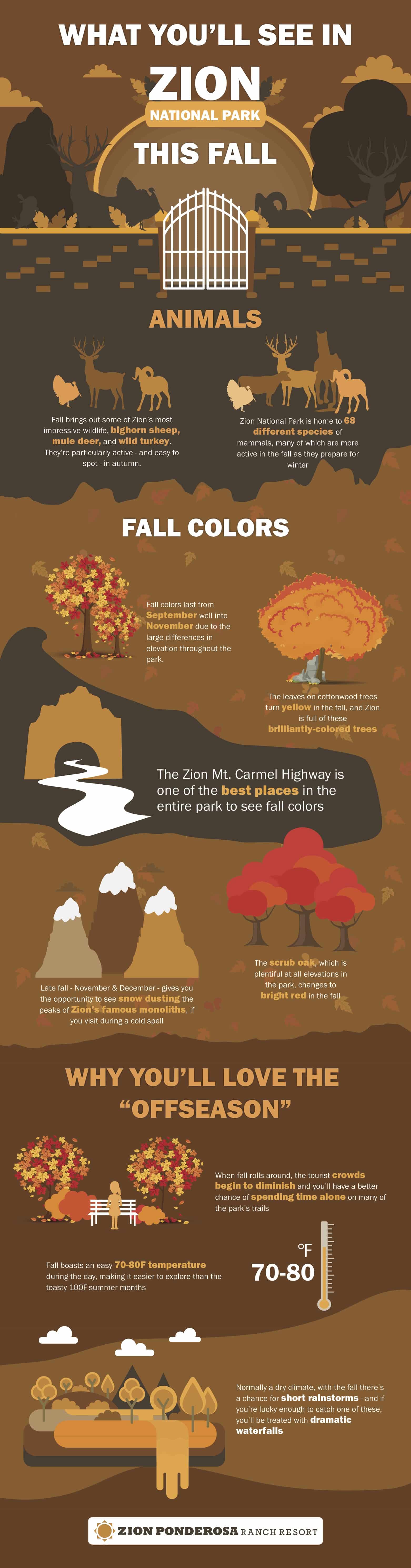 An infographic highlighting what to see in Zion National Park during fall, showcasing wildlife, vibrant fall colors, and the benefits of visiting in the offseason.