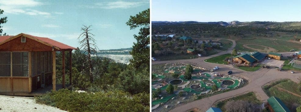 A split image showing a rustic cabin in a forest on the left and an aerial view of a recreational area with mini-golf and buildings on the right.