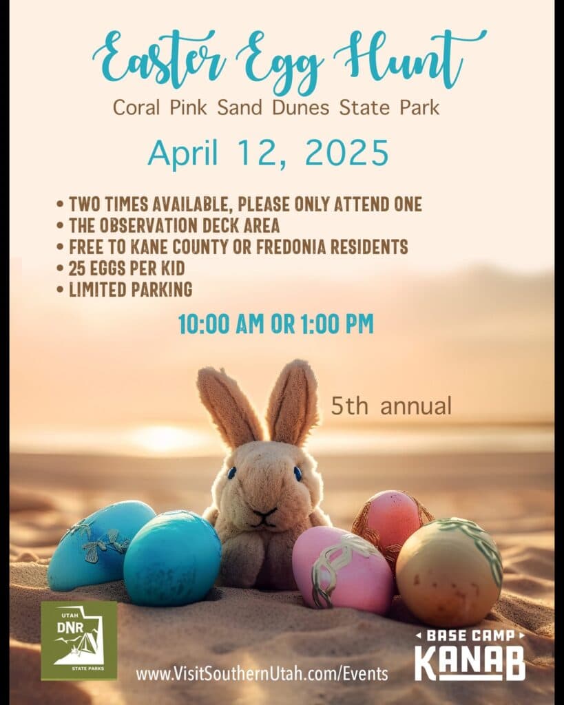 Promotional flyer for the 5th annual Easter Egg Hunt at Coral Pink Sand Dunes State Park on April 12, 2025, featuring a bunny and colorful eggs.