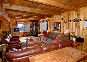 Cozy wooden living room with leather sofas, a coffee table, and a television.