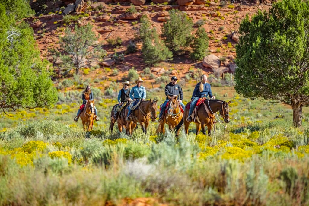 A group of four riders on horseback in a vibrant, grassy landscape with rocky hills in the background.