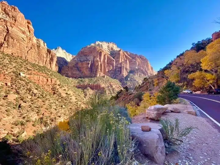 A scenic view of towering red rock cliffs and foliage beside a winding road.